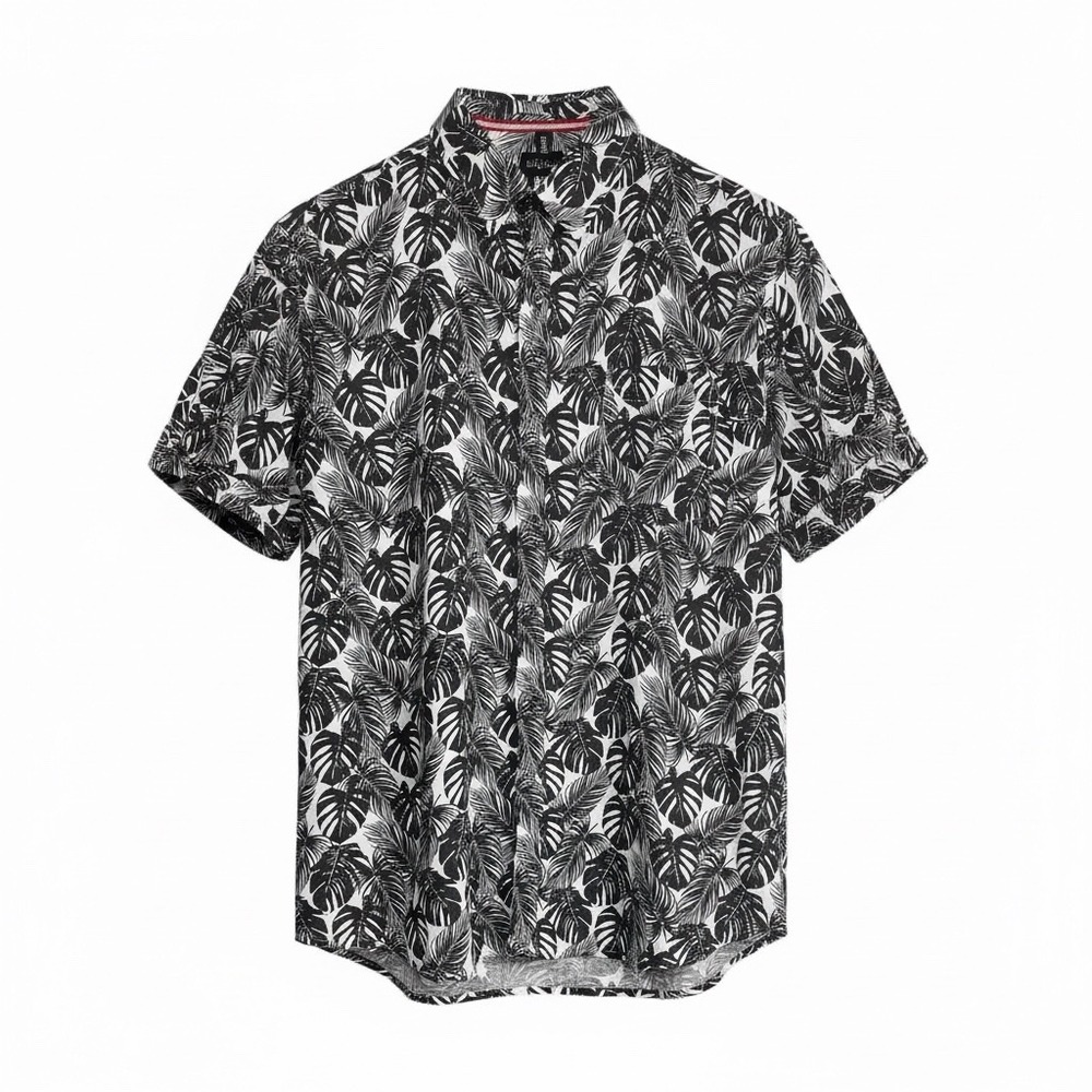 Toku Tropical Leaf Print Button Down Shirt Size L Black White Short Sleeve Men